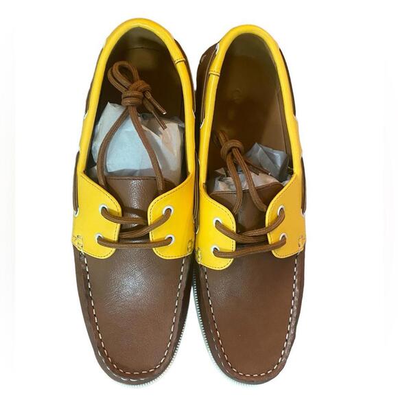 NIB Club Room Men's Elliot Boat Shoes - Yellow Plaid & Brown - Size 10.5